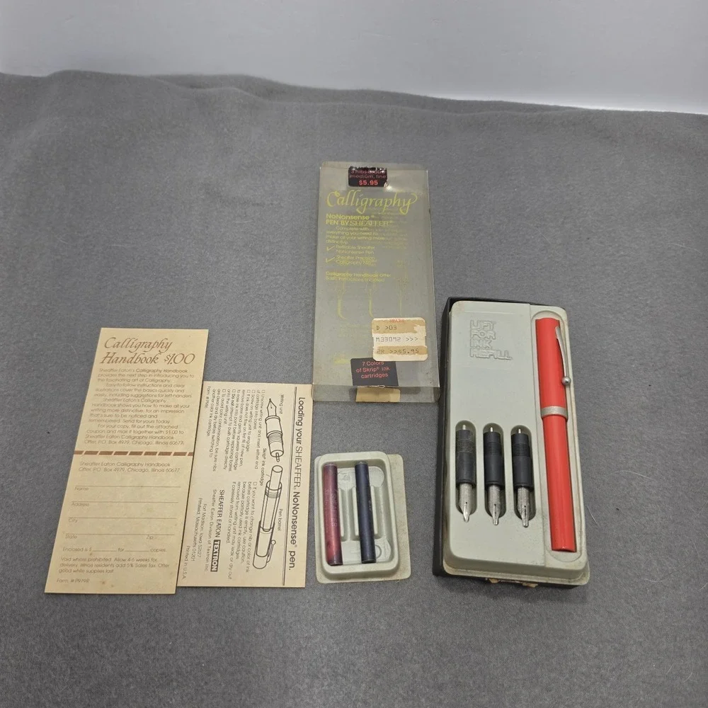 VINTAGE SHEAFFER CALLIGRAPHY No Nonsense Pen Set w/ 3 Nibs Orange Cracked Cap. J
